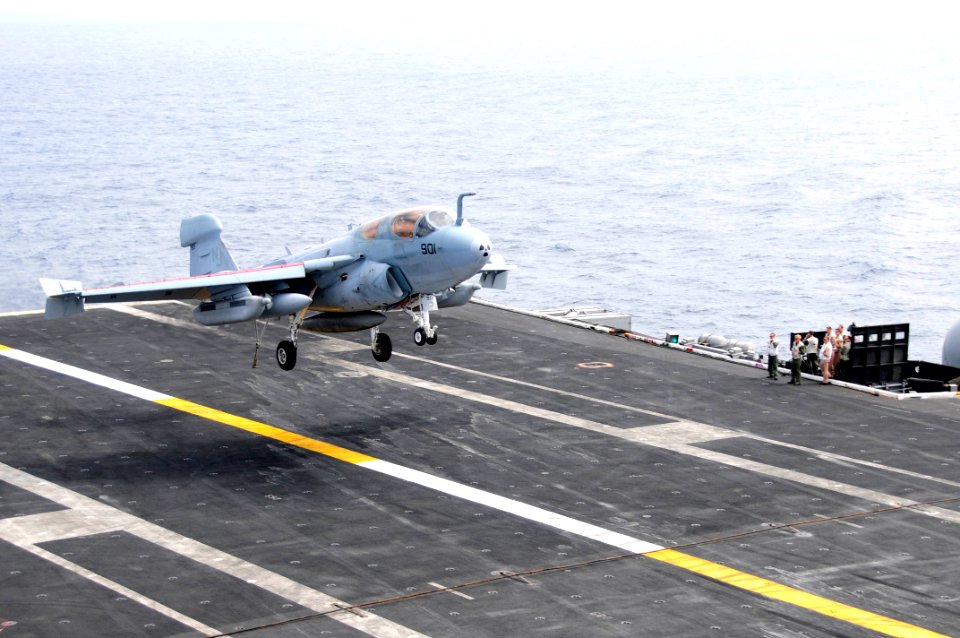 US Navy 100827-N-2918M-033 An EA-6B Prowler lands aboard USS Nimitz (CVN 68)