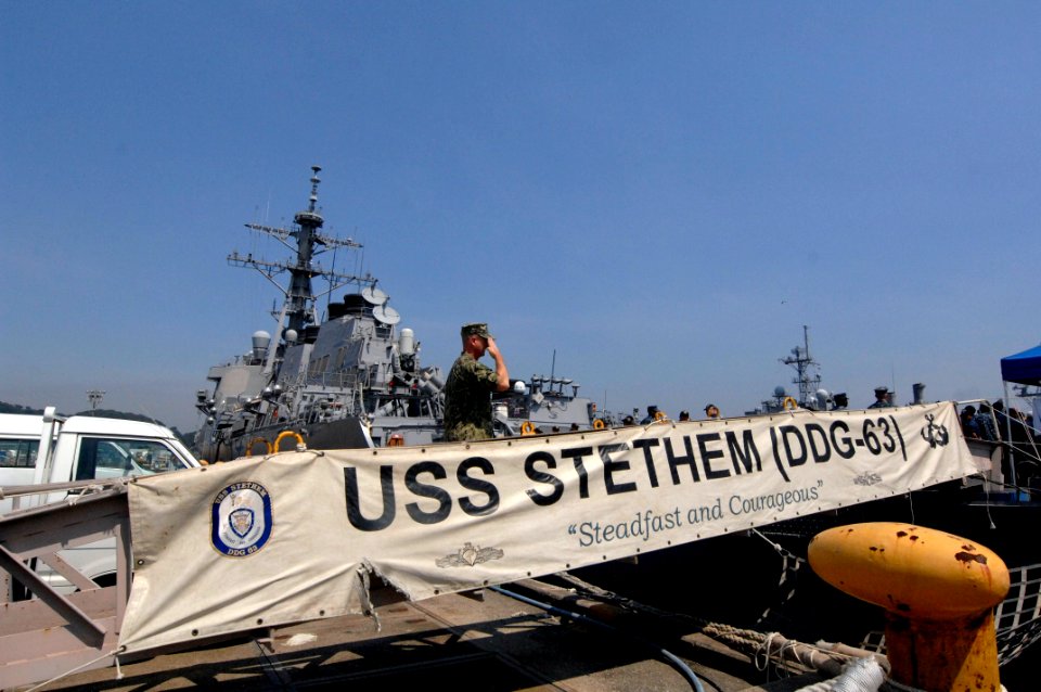 US Navy 100831-N-9818V-318 Master Chief Petty Officer of the Navy (MCPON) Rick West crosses the brow of the guided-missile destroyer USS Stethem (DDG 63) to meet with Sailors during his visit to Fleet Activities Yokosuka