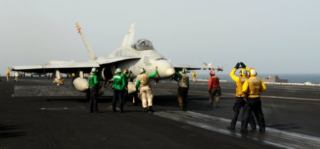US Navy 100830-N-6362C-073 Sailors guide an F-A-18C Hornet to the catapults for launch aboard USS Harry S. Truman (CVN 75)
