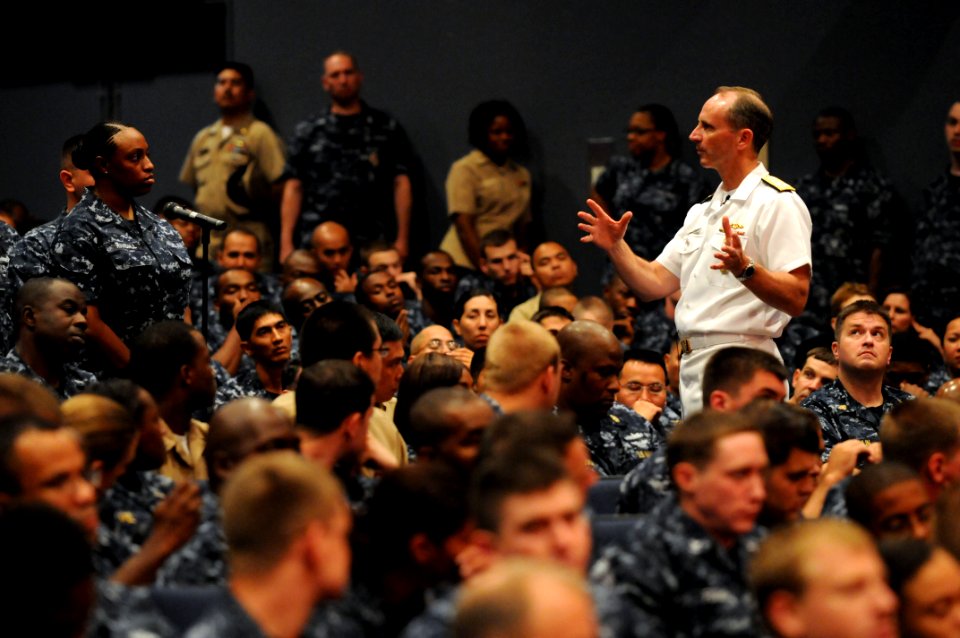US Navy 100830-N-9818V-478 Vice Chief of Naval Operations (VCNO) Adm. Jonathan Greenert answers questions during an all-hands call in the Fleet Theater