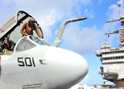 US Navy 100901-N-5838W-049 Aviation Structural Mechanic Airman Shannon N. Radney, assigned to the Rooks of Electronic Attack Squadron (VAQ) 137, cleans the cockpit area of an EA-6B Prowler