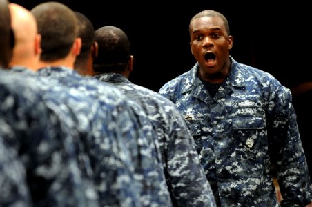 US Navy 100831-N-9818V-142 Chief petty officer selects march in for an all-hands call with Master Chief Petty Officer of the Navy (MCPON) Rick West at Fleet Activities Yokosuka