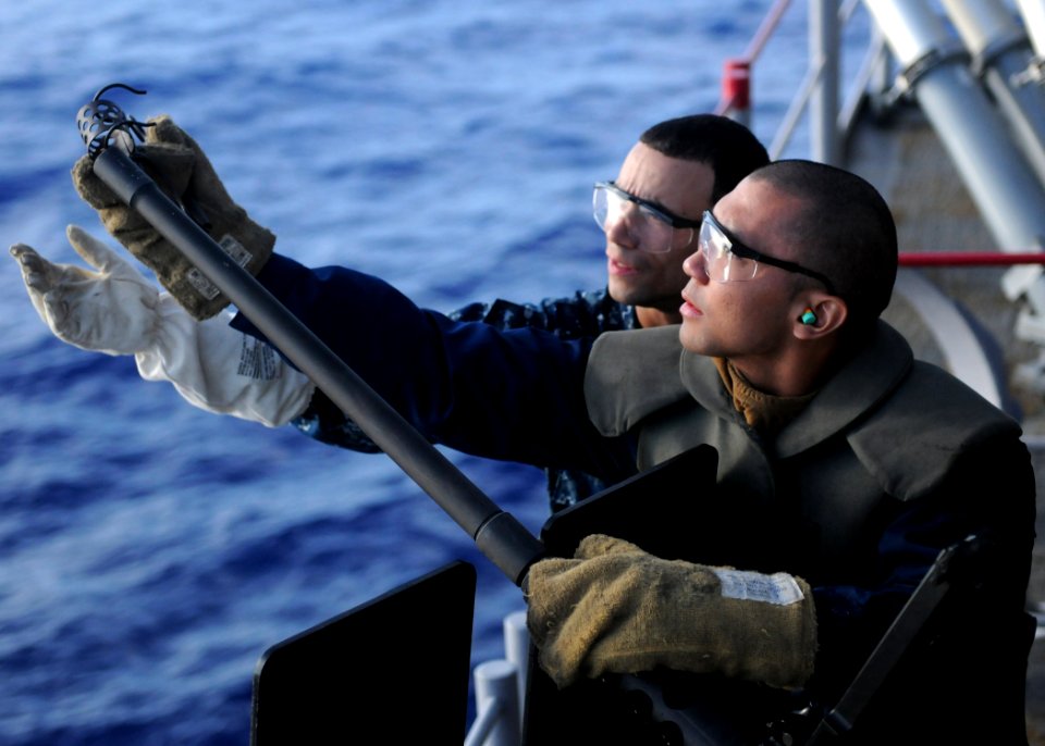 US Navy 100902-N-5538K-022 Gunner's Mate 2nd Class Edward P. Oyola, left, trains Aviation Ordnanceman 3rd Class Sean J. Dilag how to remove the barrel of a .50-caliber machine gun