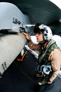US Navy 100905-N-6003P-023 Lt. Cmdr. Joseph Furco conducts a pre-flight inspection on an F-A-18E Super Hornet