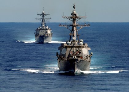 US Navy 100905-N-0569K-102 USS Bulkeley (DDG 84), right, and USS Mason (DDG 87) participate in a strait transit exercise