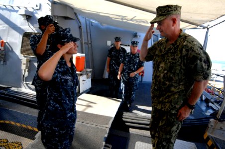 US Navy 100831-N-9818V-728 Master Chief Petty Officer of the Navy (MCPON) Rick West departs the guided-missile destroyer USS Fitzgerald (DDG 62) after touring the ship and meeting with Sailors during his visit to Fleet Activiti
