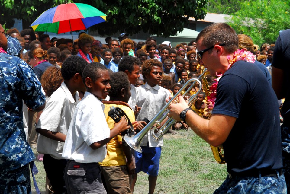 US Navy 100907-N-4044H-274 Musician 3rd Class Anton DuPreez, assigned to the U.S. Pacific Fleet Band, embarked aboard the Royal Australian Navy lan