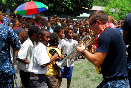 US Navy 100907-N-4044H-274 Musician 3rd Class Anton DuPreez, assigned to the U.S. Pacific Fleet Band, embarked aboard the Royal Australian Navy lan