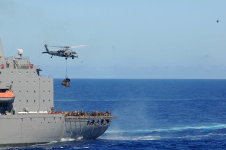 US Navy 100908-N-9950J-159 An MH-60S Sea Hawk helicopter picks up supplies from the Military Sealift Command fleet replenishment oiler USNS Pecos (
