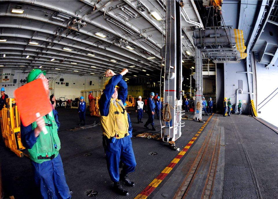 US Navy 100909-N-1004S-039 Sailor signal the fast combat support ship USNS Bridge (T-AOE 10) from the aircraft carrier USS Ronald Reagan (CVN 76)