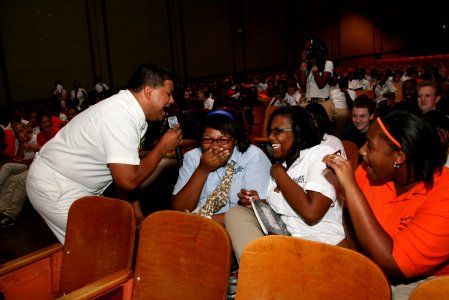 US Navy 100903-N-3271W-060 Senior Chief Musician Francisco Dominguez, assigned to the U.S. Naval Academy Band, The Electric Brigade, sings to students at Baltimore Polytechnic Institute