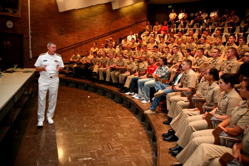 US Navy 100909-N-3271W-074 Vice Adm. Kevin M. McCoy, commander of Naval Sea Systems Command, speaks with University of Utah Navy ROTC midshipmen du