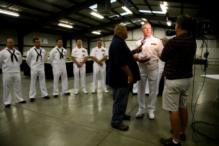 US Navy 100910-N-3271W-016 Vice Adm. Kevin M. McCoy, commander of Naval Sea Systems Command, is interviewed by FOX 13 television at the Utah State photo