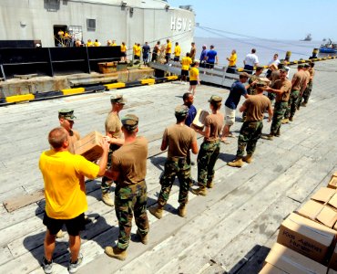 US Navy 100905-N-9643W-144 Sailors, Marines, Airmen and contracted mariners unload 18 pallets of Project Handclasp humanitarian aid supplies to a pier in Guyana