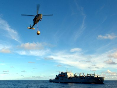 US Navy 100911-N-7191M-104 An MH-60S Sea Hawk helicopter carries supplies from Military Sealift Command dry cargo and ammunition ship USNS Amelia E