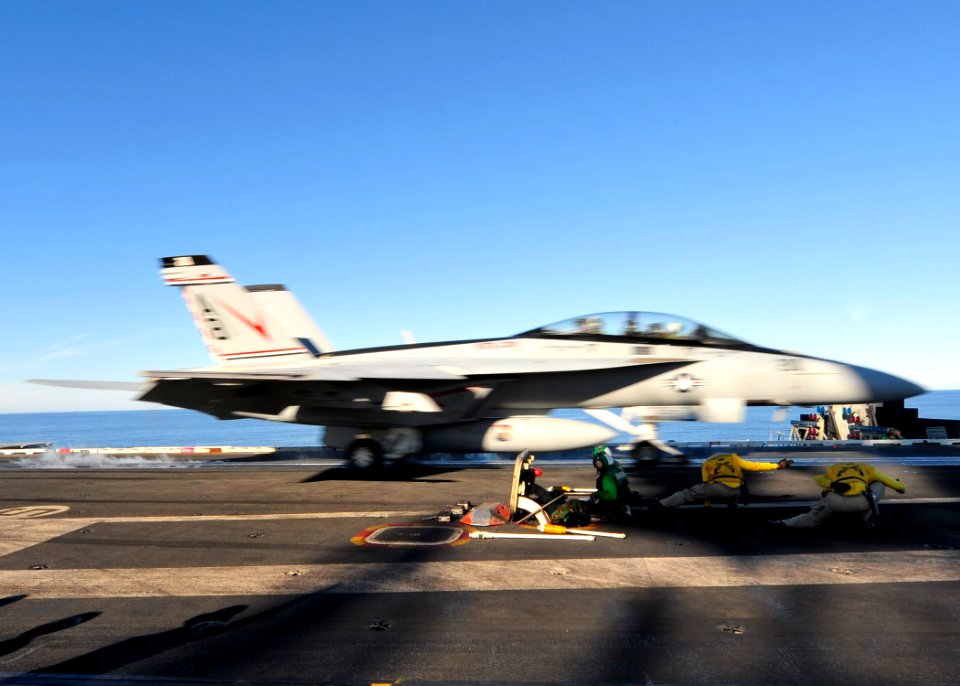 US Navy 100908-N-0569K-005 An F-A-18F Super Hornet assigned to the Checkmates of Strike Fighter Squadron (VFA) 211 launches from the aircraft carri