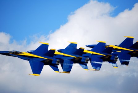 US Navy 100911-N-0869H-314 The U.S. Navy flight demonstration team, the Blue Angels, perform a low-level pass in tight formation at the Airpower Ov