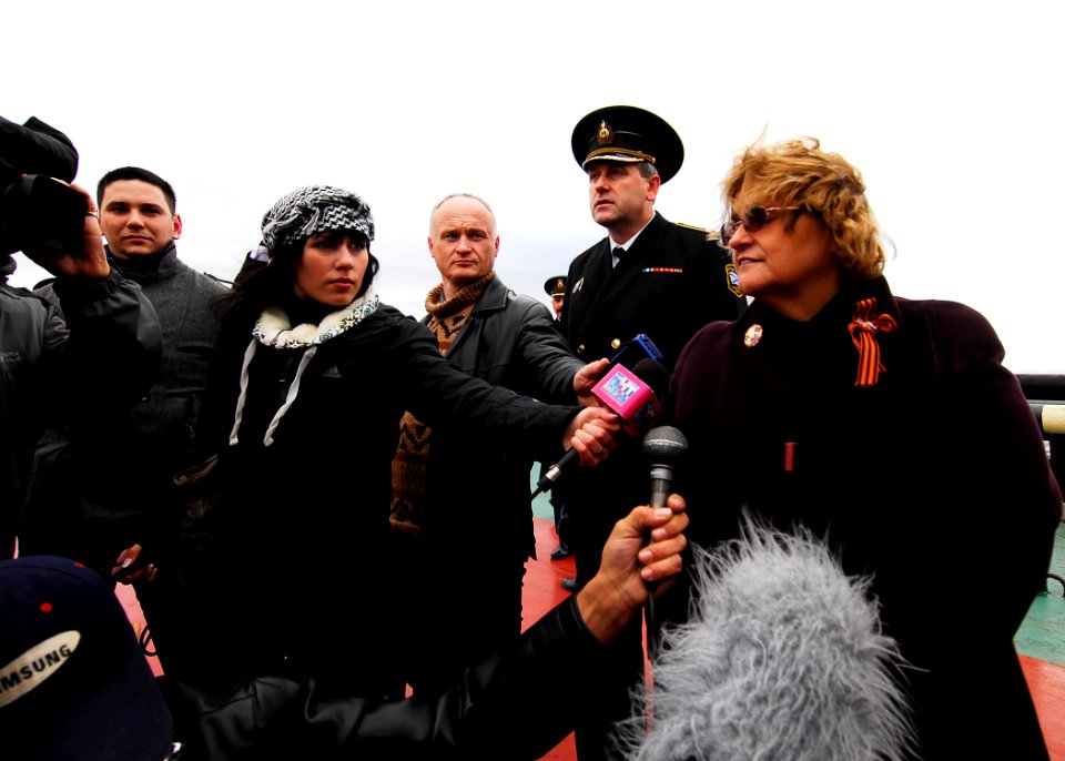 US Navy 100908-N-7638K-167 Sheila Gwaltney speaks to Russian media during an at-sea wreath laying ceremony for Sailors lost during World War II abo