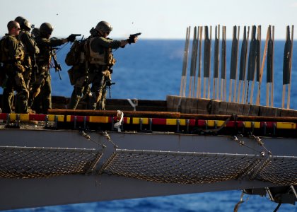 US Navy 100914-N-9950J-370 Marines assigned to the 31st Marine Expeditionary Unit (31st MEU) conduct a live-fire training exercise on the flight de photo