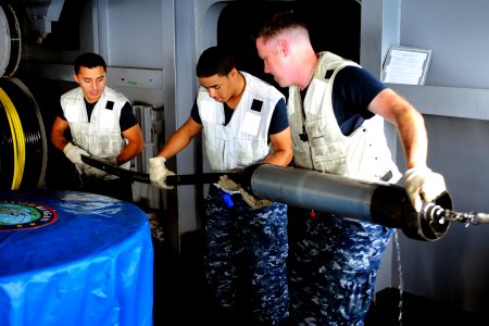 US Navy 100913-N-5503T-017 Sailors recover the Nixie stream and module as it is reeled onto the fantail of the aircraft carrier USS Ronald Reagan (