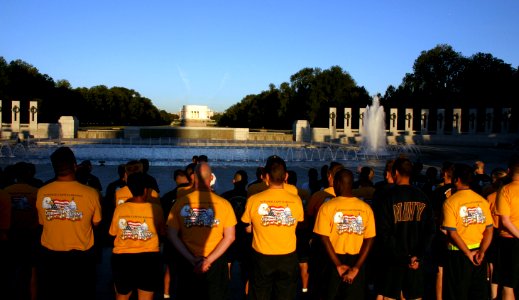 US Navy 100911-N-2888Q-001 Chief petty officers and chief petty officer selectees pause at the National World War II Memorial during a Navy heritag photo