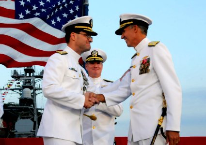 US Navy 100910-N-7478G-824 Vice Adm. John M. Bird, left, congratulates Vice Adm. Scott R. Van Buskirk, during the U.S. 7th Fleet change of command