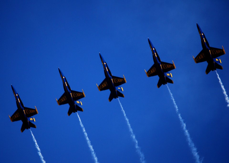 US Navy 100911-N-0869H-340 The U.S. Navy flight demonstration team, the Blue Angels, perform a low-level pass at the Airpower Over the Midwest air