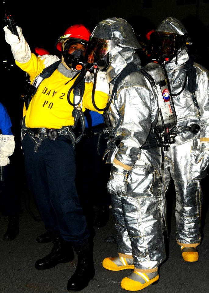 US Navy 100910-N-7908T-023 Sailors assigned to the air department crash and salvage division of the aircraft carrier USS George H.W. Bush (CVN 77)