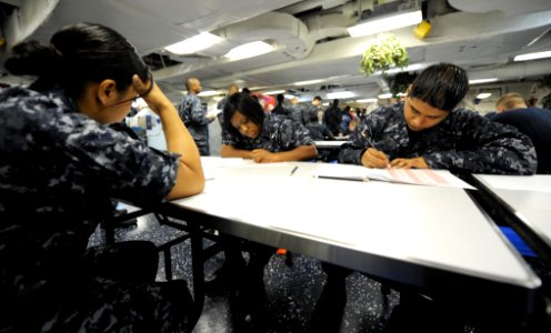 US Navy 100916-N-4135M-021 Sailors take the E-4 Navy-wide Advancement Exam on the aft mess decks aboard the aircraft carrier USS Harry S. Truman (C