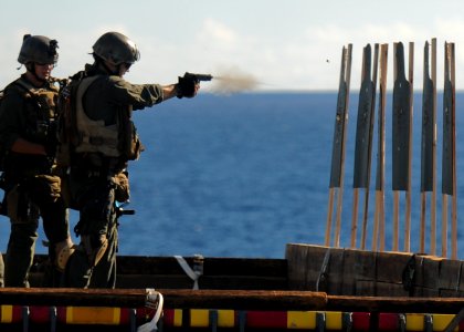 US Navy 100914-N-9950J-395 Marines assigned to the 31st Marine Expeditionary Unit (31st MEU) conduct a live-fire training exercise on the flight de photo