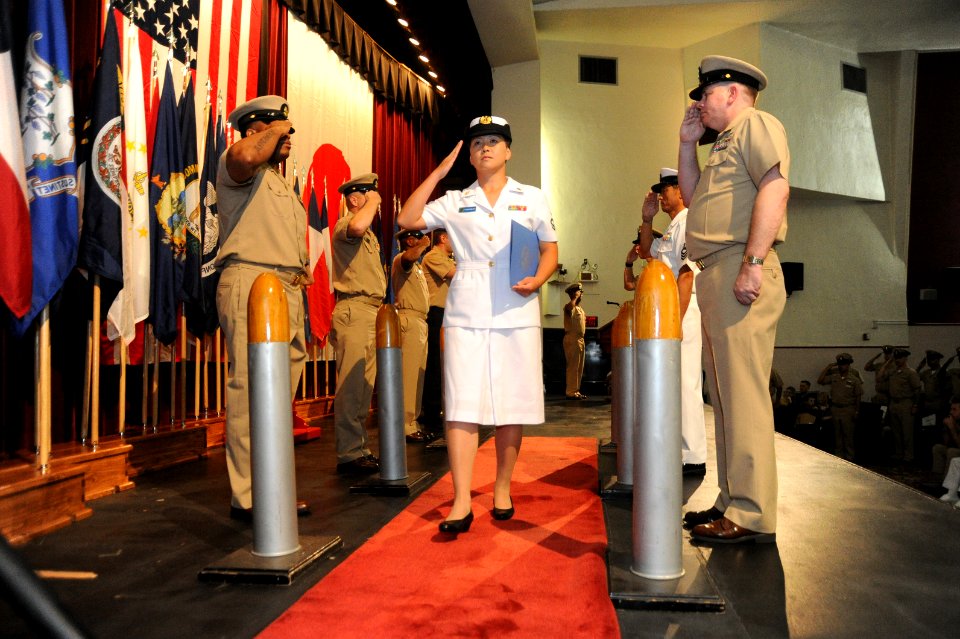 US Navy 100916-N-2858S-413 Honorary Chief Petty Officer Etsuko Nakamura is piped through side boys for the first time as a chief petty officer duri