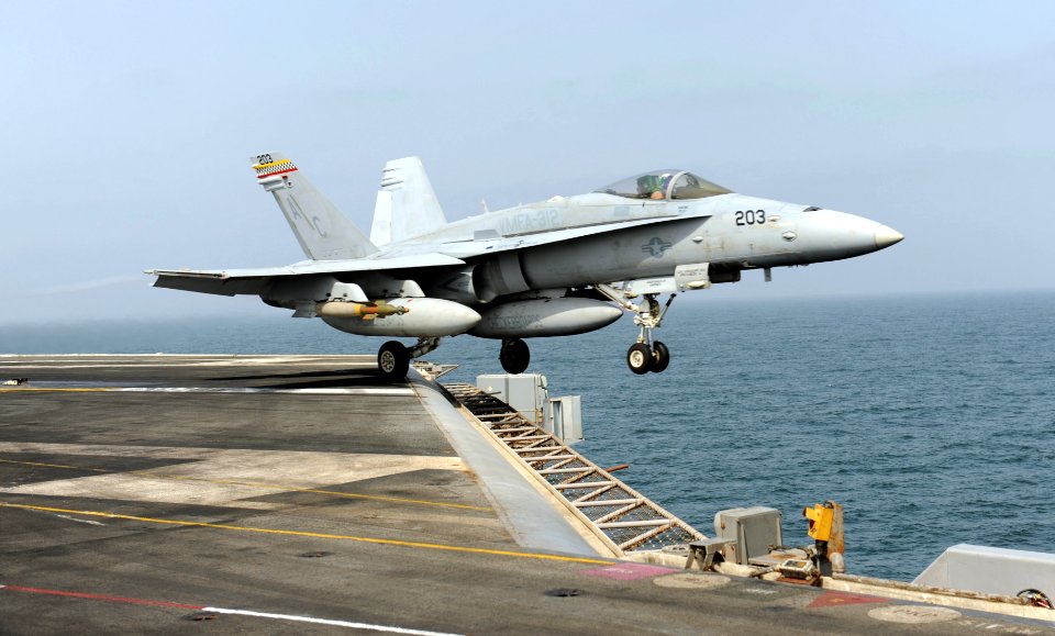 US Navy 100917-N-6362C-168 An F-A-18C Hornet assigned to the Checkerboards of Marine Fighter Attack Squadron (VMFA) 312 launches from the aircraft
