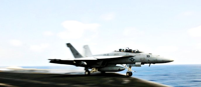 US Navy 101014-N-6003P-074 An F-A-18F Super Hornet assigned to the Swordsmen of Strike Fighter Squadron (VFA) 32 launches from the aircraft carrier
