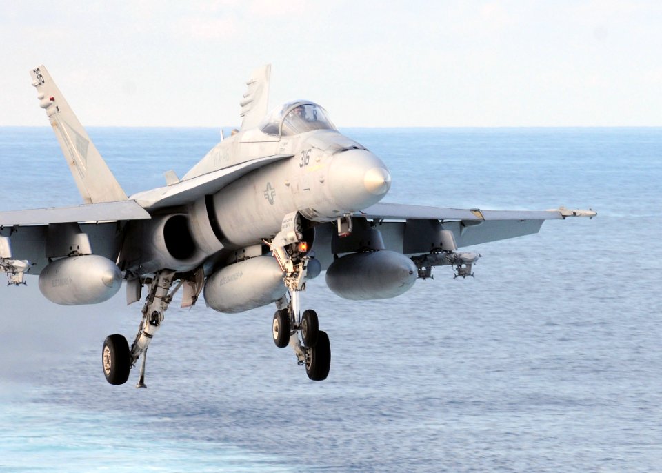 US Navy 101020-N-1004S-329 Lt. Jacob Rose, a pilot assigned to the Blue Diamonds of Strike Fighter Squadron (VFA) 146, prepares to make an arrested