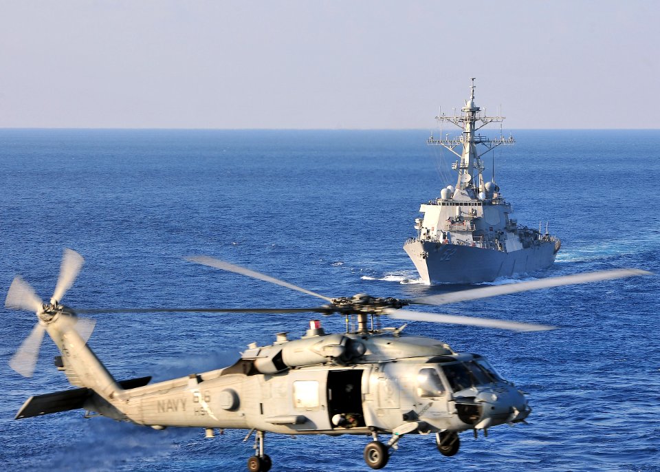 US Navy 101021-N-0569K-009 An SH-60F Sea Hawk helicopter assigned to the Dragonslayers of Helicopter Anti-Submarine Squadron (HS) 11 prepares to la