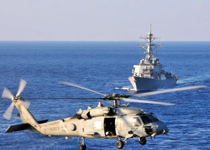 US Navy 101021-N-0569K-009 An SH-60F Sea Hawk helicopter assigned to the Dragonslayers of Helicopter Anti-Submarine Squadron (HS) 11 prepares to la