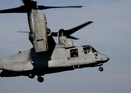 US Navy 101018-N-7508R-184 An MV-22B Osprey assigned to Marine Medium Tiltrotor Squadron (VMM) 263 lands aboard the multipurpose amphibious assault photo