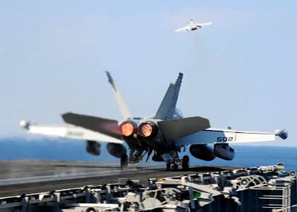 US Navy 101021-N-6632S-013 An EA-18G Growler assigned to Electronic Attack Squadron (VAQ) 141 launches from the aircraft carrier USS George H.W. Bu