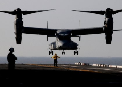 US Navy 101018-N-7508R-170 An MV-22B Osprey assigned to Marine Medium Tiltrotor Squadron (VMM) 263 lands aboard the multipurpose amphibious assault