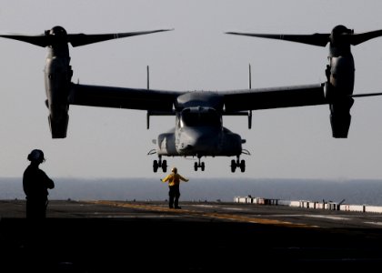 US Navy 101018-N-7508R-170 An MV-22B Osprey assigned to Marine Medium Tiltrotor Squadron (VMM) 263 lands aboard the multipurpose amphibious assault photo