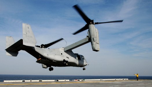 US Navy 101018-N-7508R-165 An MV-22B Osprey assigned to Marine Medium Tiltrotor Squadron (VMM) 263 lands aboard the multipurpose amphibious assault