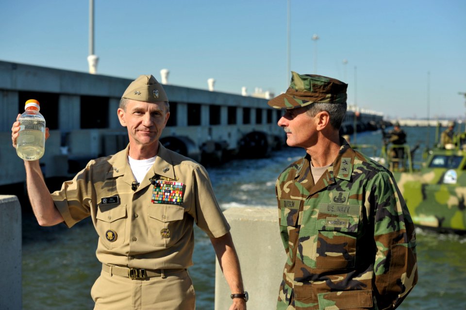 US Navy 101022-N-6889J-224 Rear Adm. Michael P. Tillotson and Rear Adm. Philip H. Cullom give a press conference ar Naval Station Norfolk