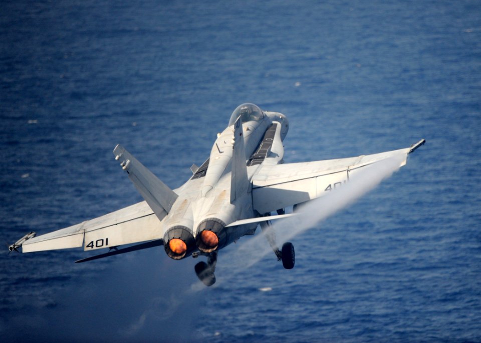 US Navy 101020-N-1261P-023 An F-A-18C Hornet assigned to the Blue Blasters of Strike Fighter Squadron (VFA) 34 launches from the aircraft carrier U