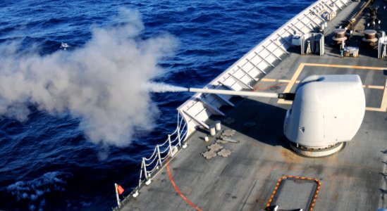 US Navy 101025-N-6632S-056 The guided-missile cruiser USS Gettysburg (CG 64) fires its forward 5-inch Mark 45-54-caliber lightweight gun during a p