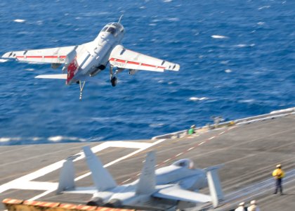 US Navy 101024-N-2918M-109 An EA-6B Prowler assigned to the Vikings of Electronic Attack Squadron (VAQ) 129 launches from the aircraft carrier USS
