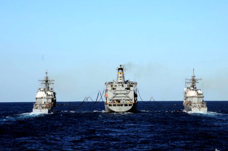 US Navy 101022-N-1854W-055 The Military Sealift Command fleet replenishment oiler USNS Kanawha (T-AO 196) conducts an underway replenishment with t