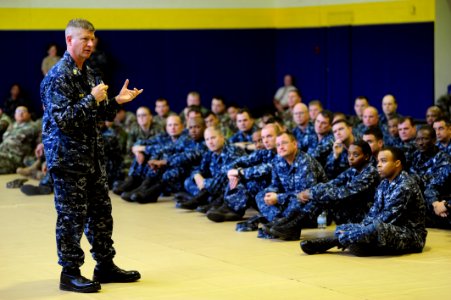 US Navy 101025-N-7526R-192 Master Chief Petty Officer of the Navy (MCPON) Rick D. West addresses more than 200 Sailors during an all-hands call at