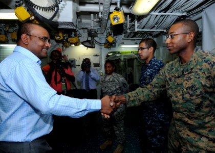US Navy 101025-N-7680E-073 President of Guyana Bharat Jagdeo meets Cpl. John Eversley, a Guyanese-American Marine embarked aboard the multi-purpose