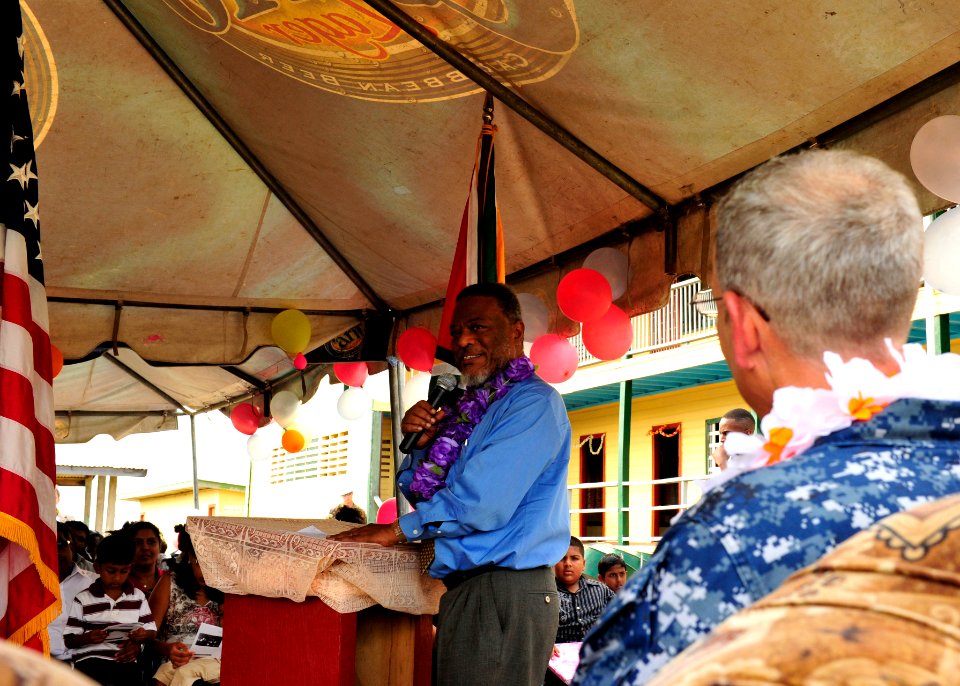 US Navy 101026-N-1531D-310 The Prime Minister of Guyana Samuel Hinds gives his remarks as Capt. Thomas Negus, commodore of Continuing Promise 2010