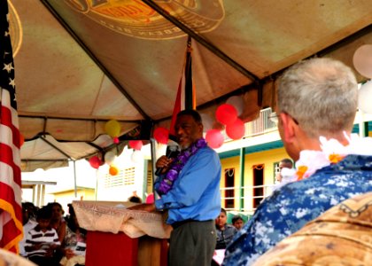 US Navy 101026-N-1531D-310 The Prime Minister of Guyana Samuel Hinds gives his remarks as Capt. Thomas Negus, commodore of Continuing Promise 2010